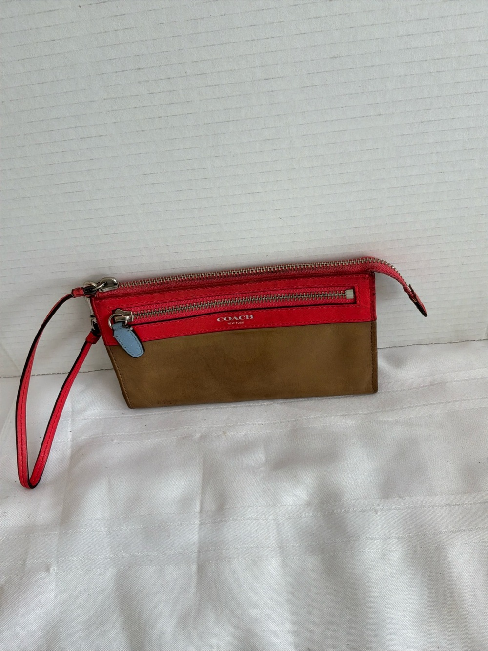 Coach Red and Brown Leather Wrist Strap Wristlet